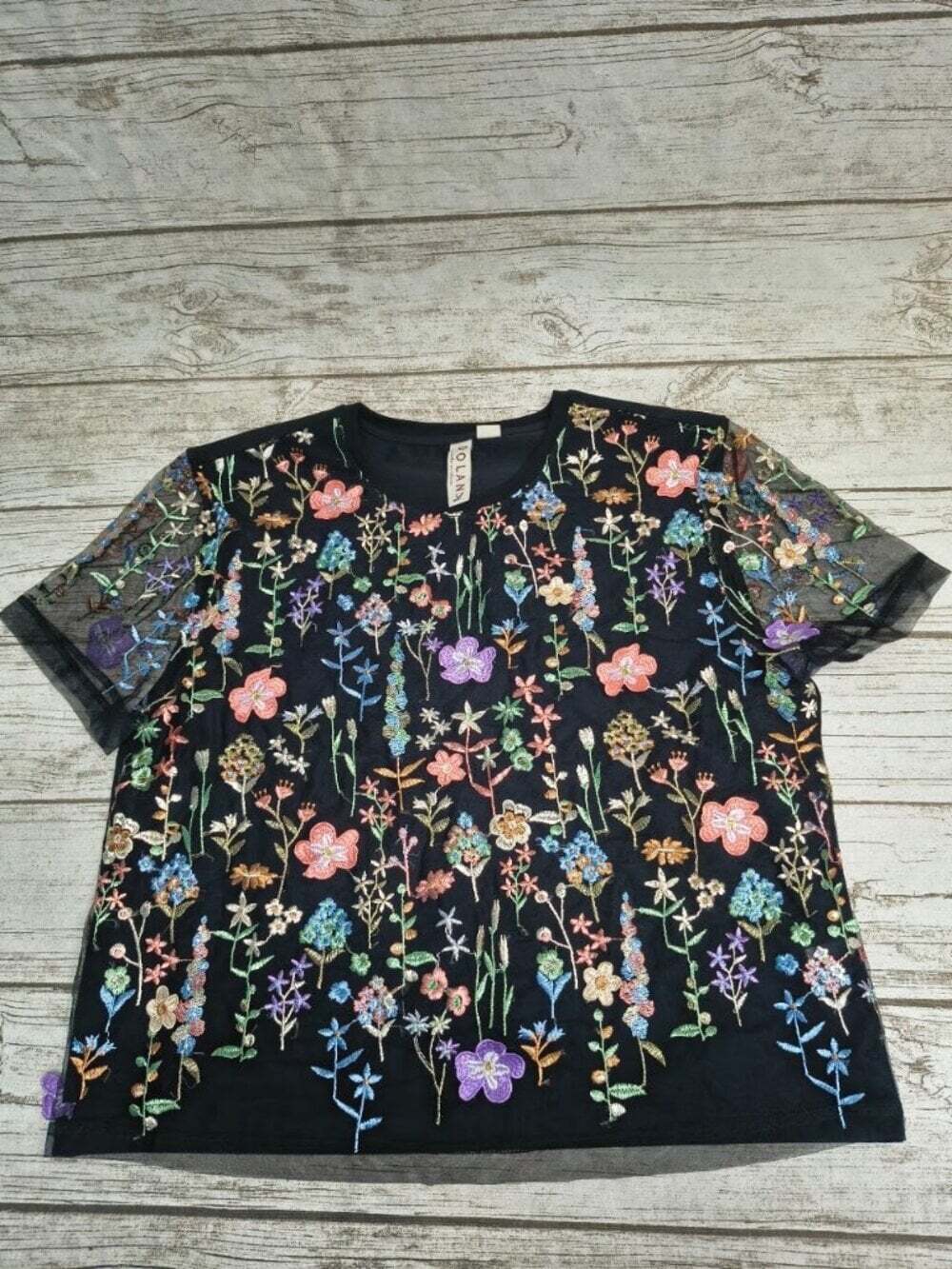 Dolan Black Floral Embroider Short Sleeve Top Blouse Women Size Large